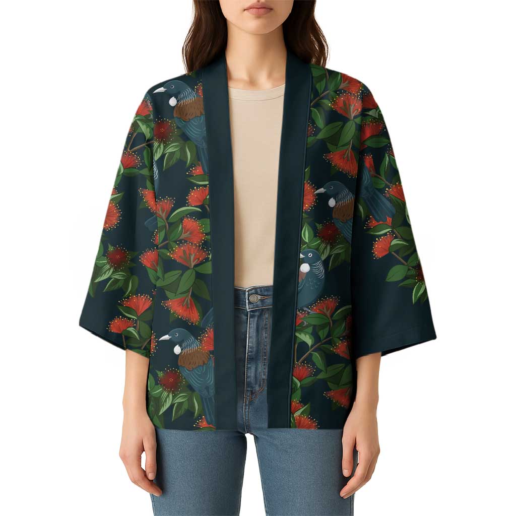 New Zealand Christmas Kimono Romantic Tui Birds on Pohutukawa - Cobalt - Polynesian Pride