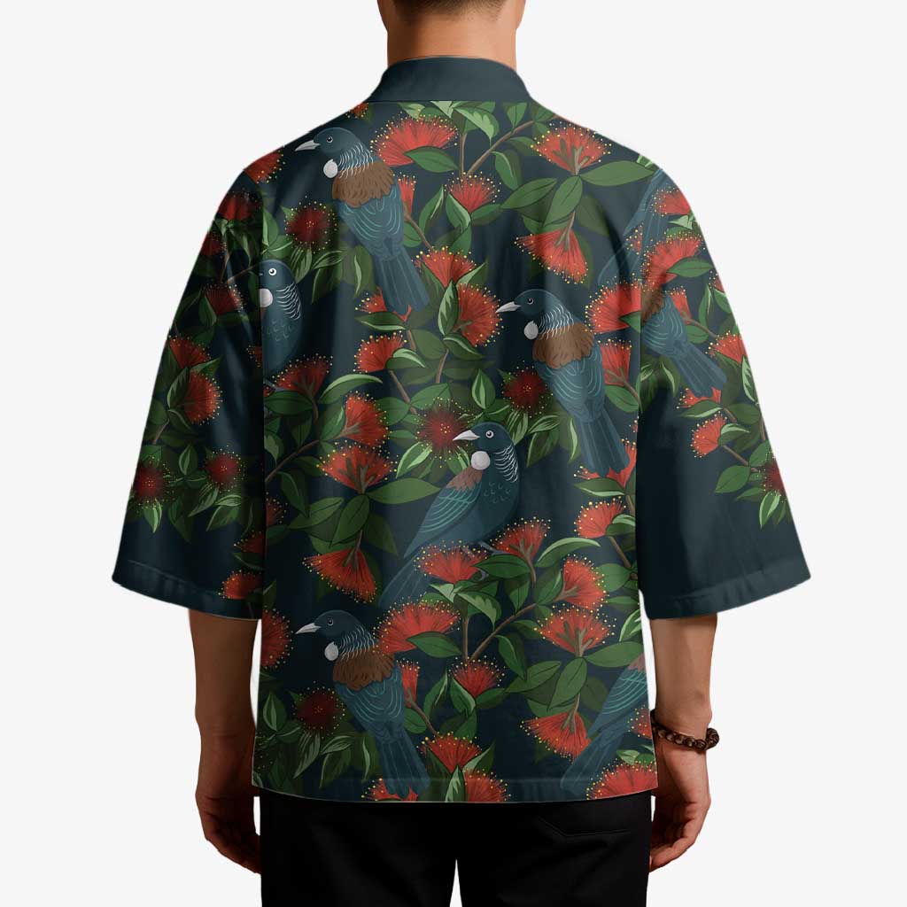 New Zealand Christmas Kimono Romantic Tui Birds on Pohutukawa - Cobalt - Polynesian Pride