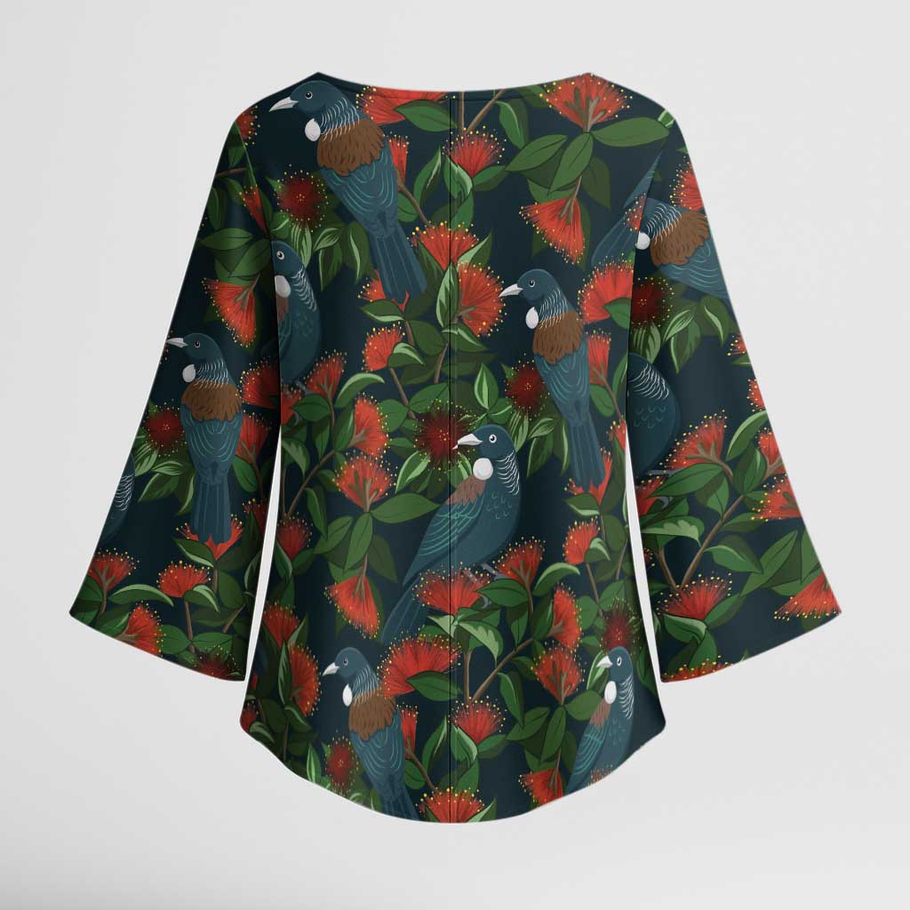 New Zealand Christmas Kimono Sleeve Blouse Romantic Tui Birds on Pohutukawa - Cobalt - Polynesian Pride