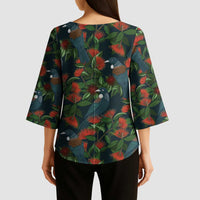 New Zealand Christmas Kimono Sleeve Blouse Romantic Tui Birds on Pohutukawa - Cobalt - Polynesian Pride