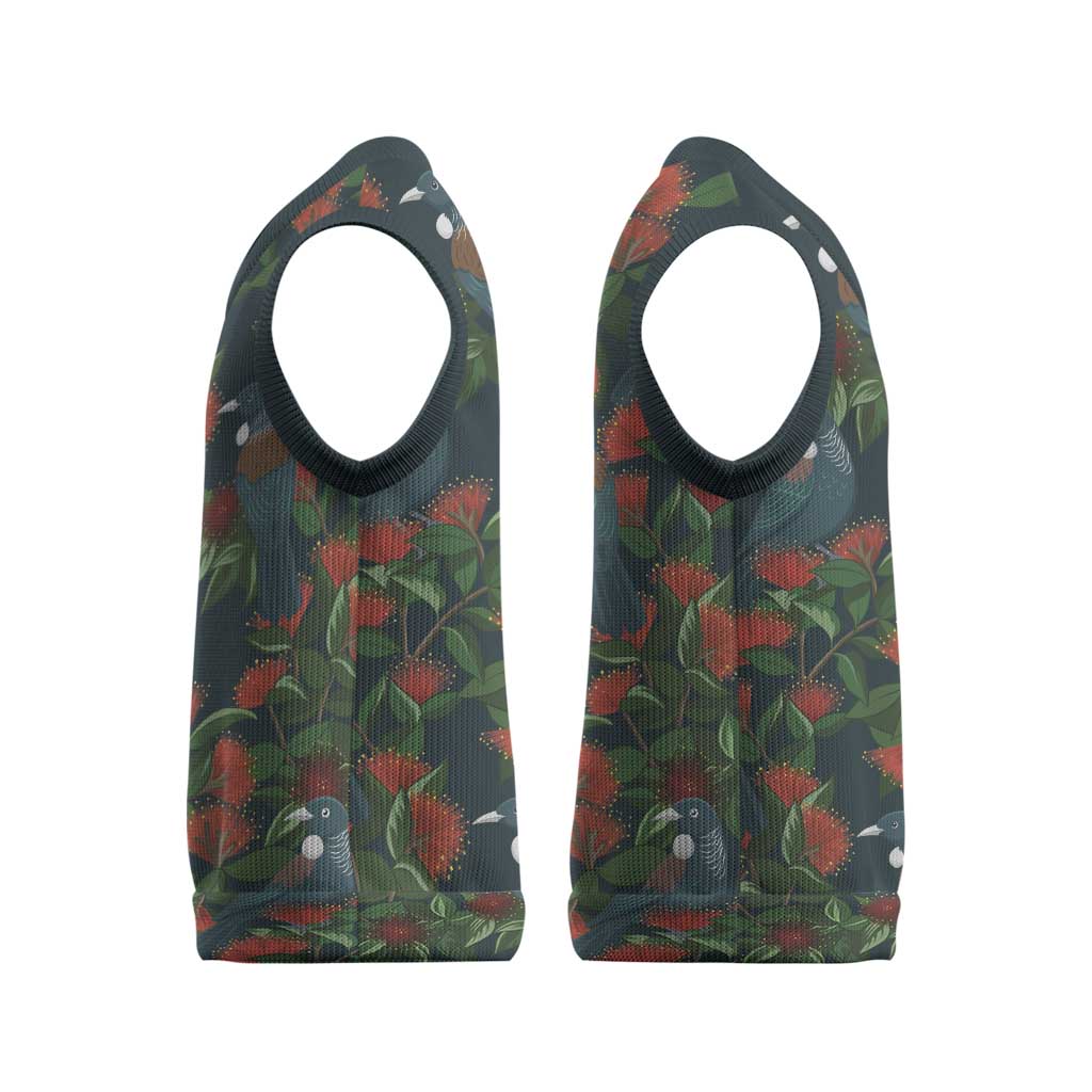 New Zealand Christmas Knitted V-Neck Vest Romantic Tui Birds on Pohutukawa - Cobalt - Polynesian Pride