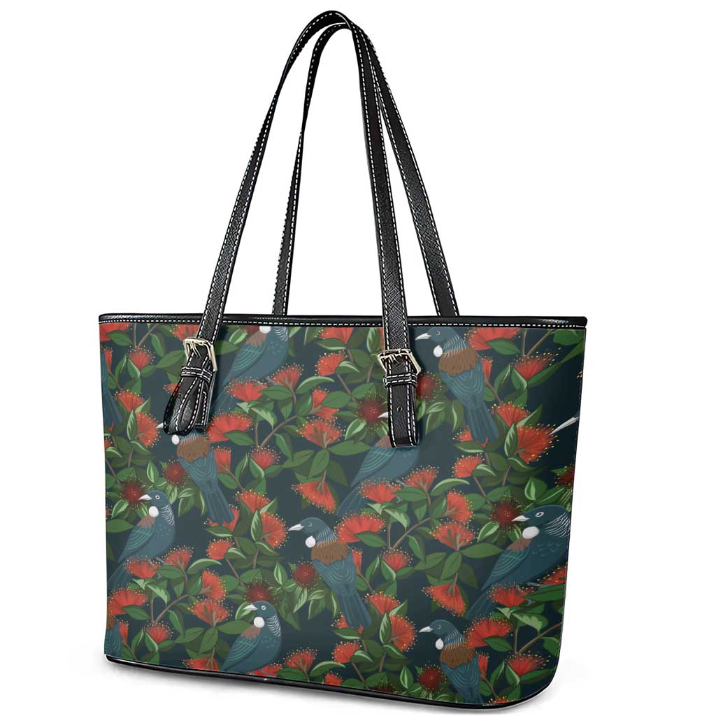 New Zealand Christmas Leather Tote Bag Romantic Tui Birds on Pohutukawa - Cobalt - Polynesian Pride