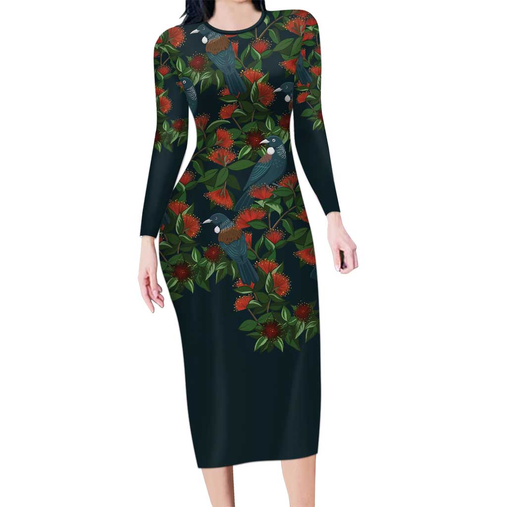 New Zealand Christmas Long Sleeve Bodycon Dress Romantic Tui Birds on Pohutukawa - Cobalt - Polynesian Pride