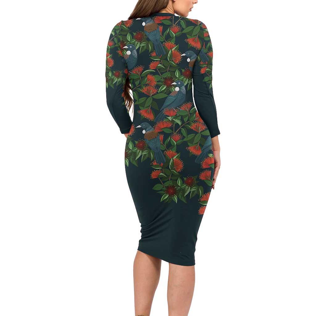 New Zealand Christmas Long Sleeve Bodycon Dress Romantic Tui Birds on Pohutukawa - Cobalt - Polynesian Pride