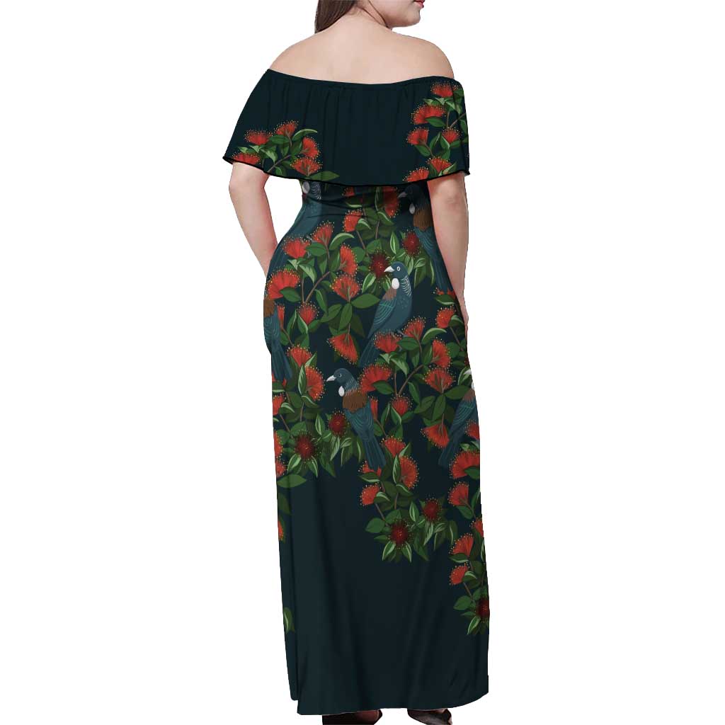 New Zealand Christmas Off Shoulder Maxi Dress Romantic Tui Birds on Pohutukawa - Cobalt - Polynesian Pride