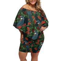 New Zealand Christmas Off Shoulder Short Dress Romantic Tui Birds on Pohutukawa - Cobalt - Polynesian Pride