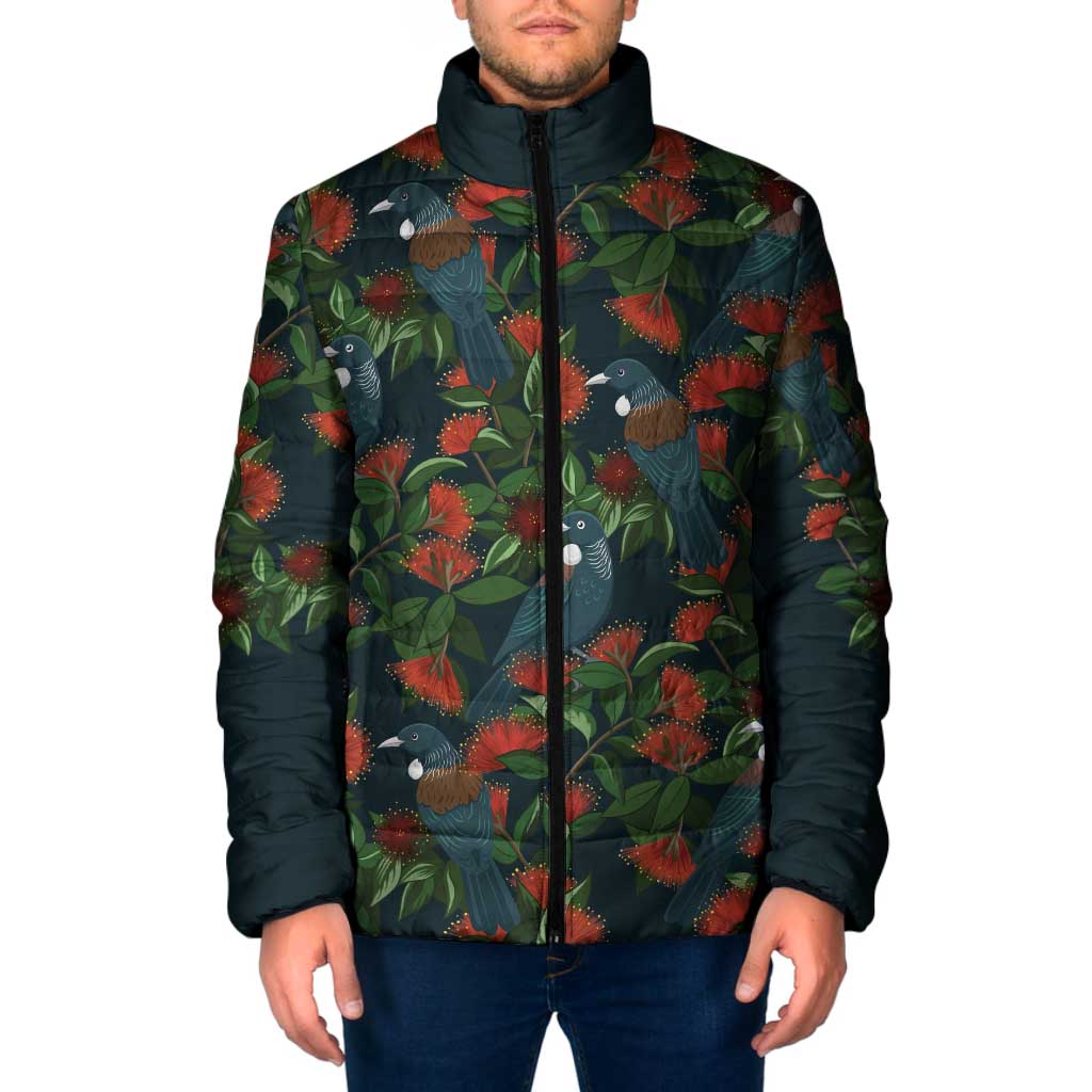 New Zealand Christmas Padded Jacket Romantic Tui Birds on Pohutukawa - Cobalt - Polynesian Pride