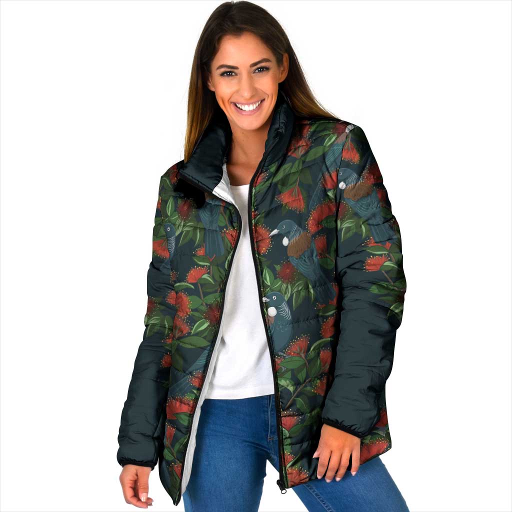 New Zealand Christmas Padded Jacket Romantic Tui Birds on Pohutukawa - Cobalt - Polynesian Pride