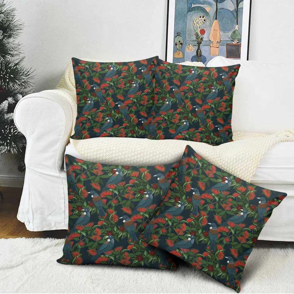 New Zealand Christmas Pillow Cover Romantic Tui Birds on Pohutukawa - Cobalt - Polynesian Pride