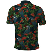 New Zealand Christmas Polo Shirt Romantic Tui Birds on Pohutukawa - Cobalt - Polynesian Pride