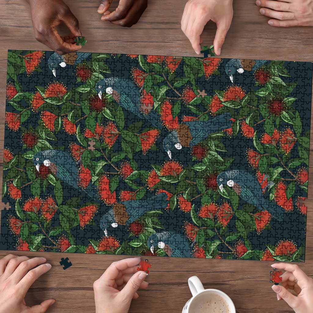New Zealand Christmas Puzzle Romantic Tui Birds on Pohutukawa - Cobalt - Polynesian Pride