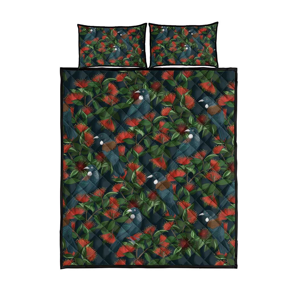 New Zealand Christmas Quilt Bed Set Romantic Tui Birds on Pohutukawa - Cobalt - Polynesian Pride