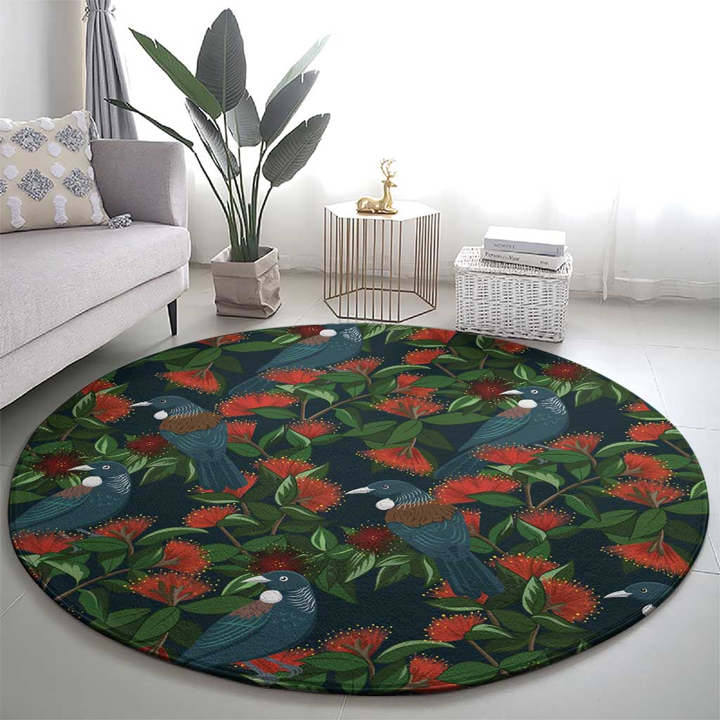 New Zealand Christmas Round Carpet Romantic Tui Birds on Pohutukawa - Cobalt - Polynesian Pride