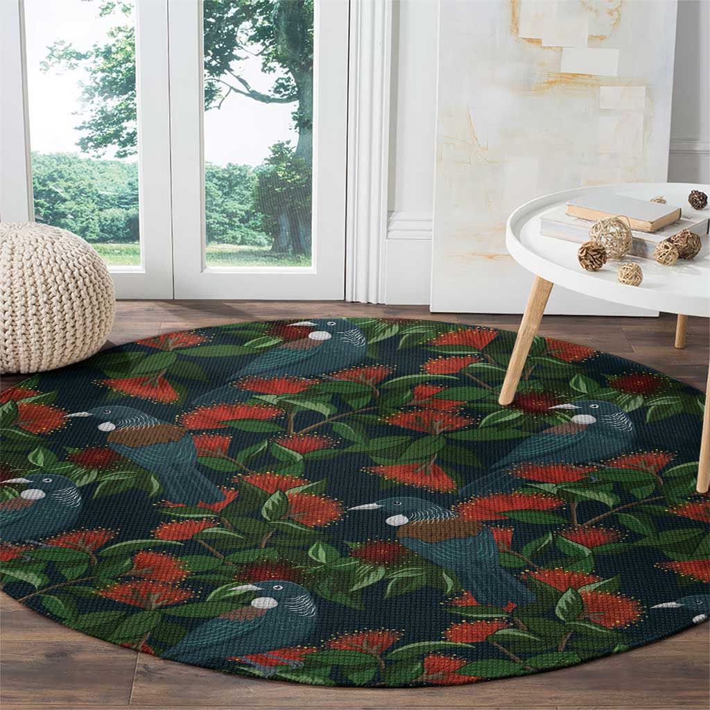 New Zealand Christmas Round Carpet Romantic Tui Birds on Pohutukawa - Cobalt - Polynesian Pride