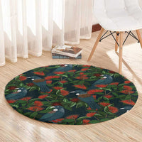 New Zealand Christmas Round Carpet Romantic Tui Birds on Pohutukawa - Cobalt - Polynesian Pride