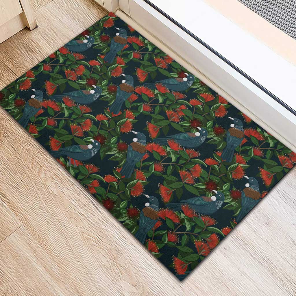 New Zealand Christmas Rubber Doormat Romantic Tui Birds on Pohutukawa - Cobalt - Polynesian Pride