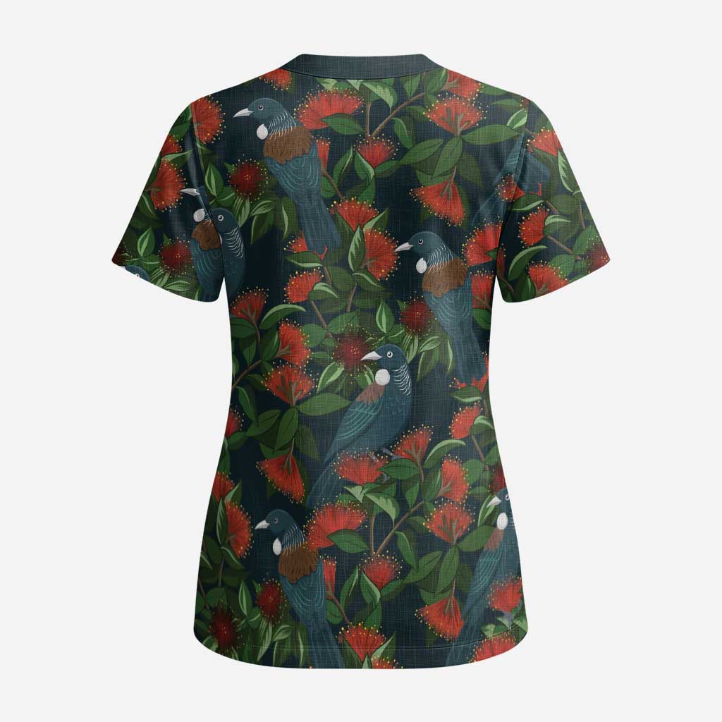 New Zealand Christmas Scrub Top Romantic Tui Birds on Pohutukawa - Cobalt - Polynesian Pride