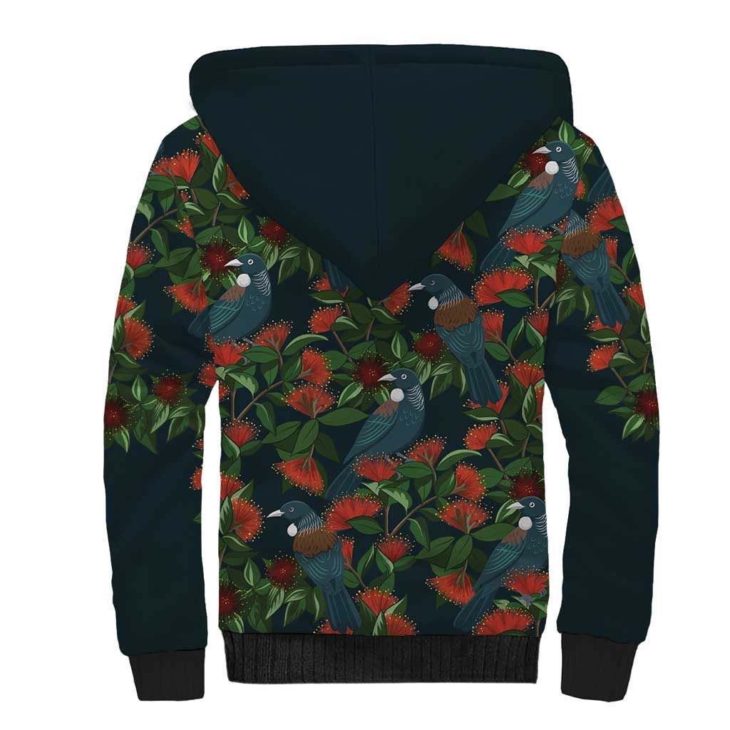 New Zealand Christmas Sherpa Hoodie Romantic Tui Birds on Pohutukawa - Cobalt - Polynesian Pride