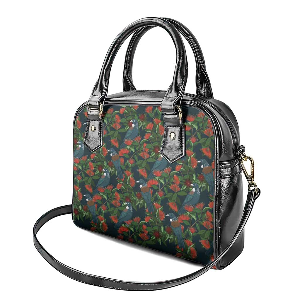 New Zealand Christmas Shoulder Handbag Romantic Tui Birds on Pohutukawa - Cobalt - Polynesian Pride