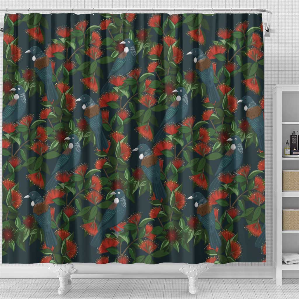 New Zealand Christmas Shower Curtain Romantic Tui Birds on Pohutukawa - Cobalt - Polynesian Pride