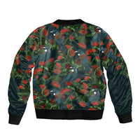New Zealand Christmas Sleeve Zip Bomber Jacket Romantic Tui Birds on Pohutukawa - Cobalt - Polynesian Pride
