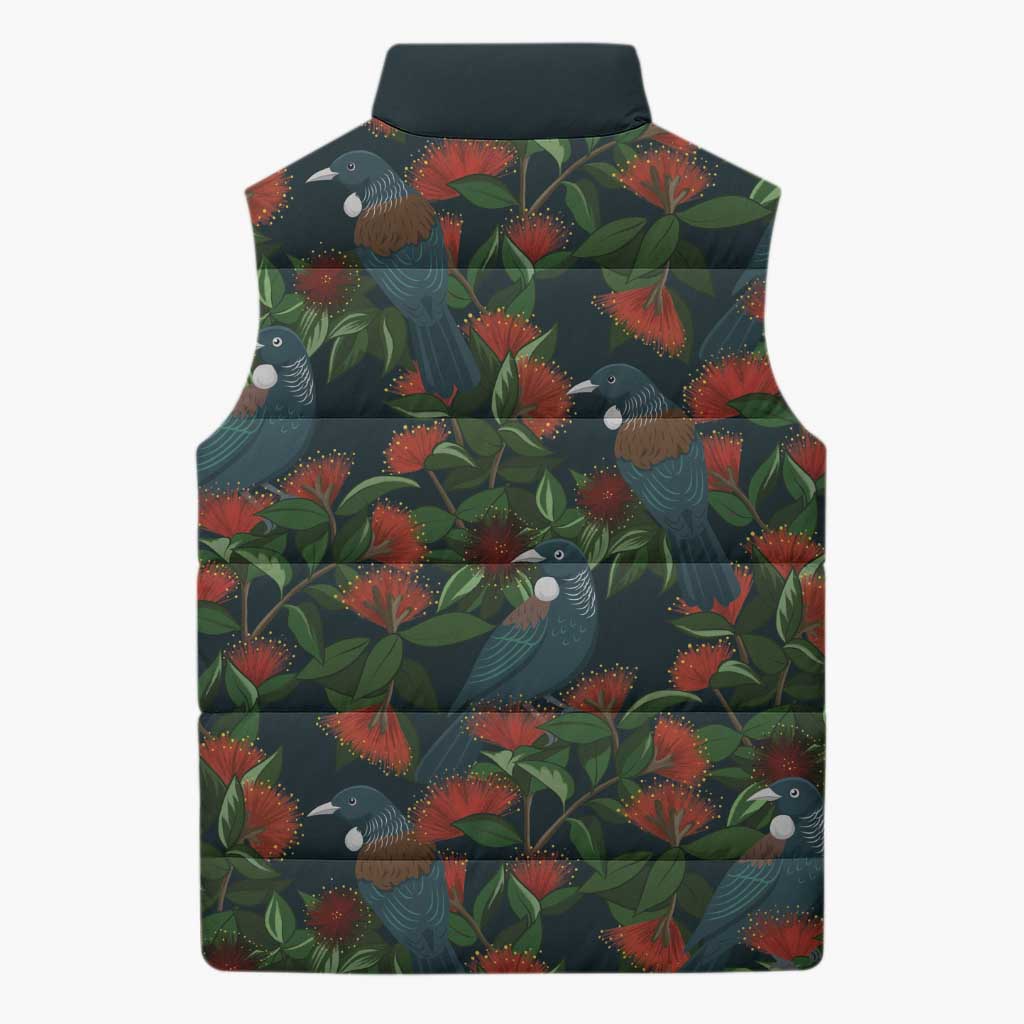 New Zealand Christmas Sleeveless Puffer Jacket Romantic Tui Birds on Pohutukawa - Cobalt - Polynesian Pride