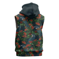 New Zealand Christmas Sleeveless Zip Hoodie Romantic Tui Birds on Pohutukawa - Cobalt - Polynesian Pride