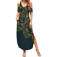 New Zealand Christmas Summer Maxi Dress Romantic Tui Birds on Pohutukawa - Cobalt - Polynesian Pride