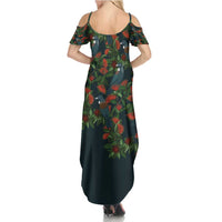 New Zealand Christmas Summer Maxi Dress Romantic Tui Birds on Pohutukawa - Cobalt - Polynesian Pride
