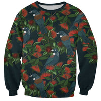 New Zealand Christmas Sweatshirt Romantic Tui Birds on Pohutukawa - Cobalt - Polynesian Pride