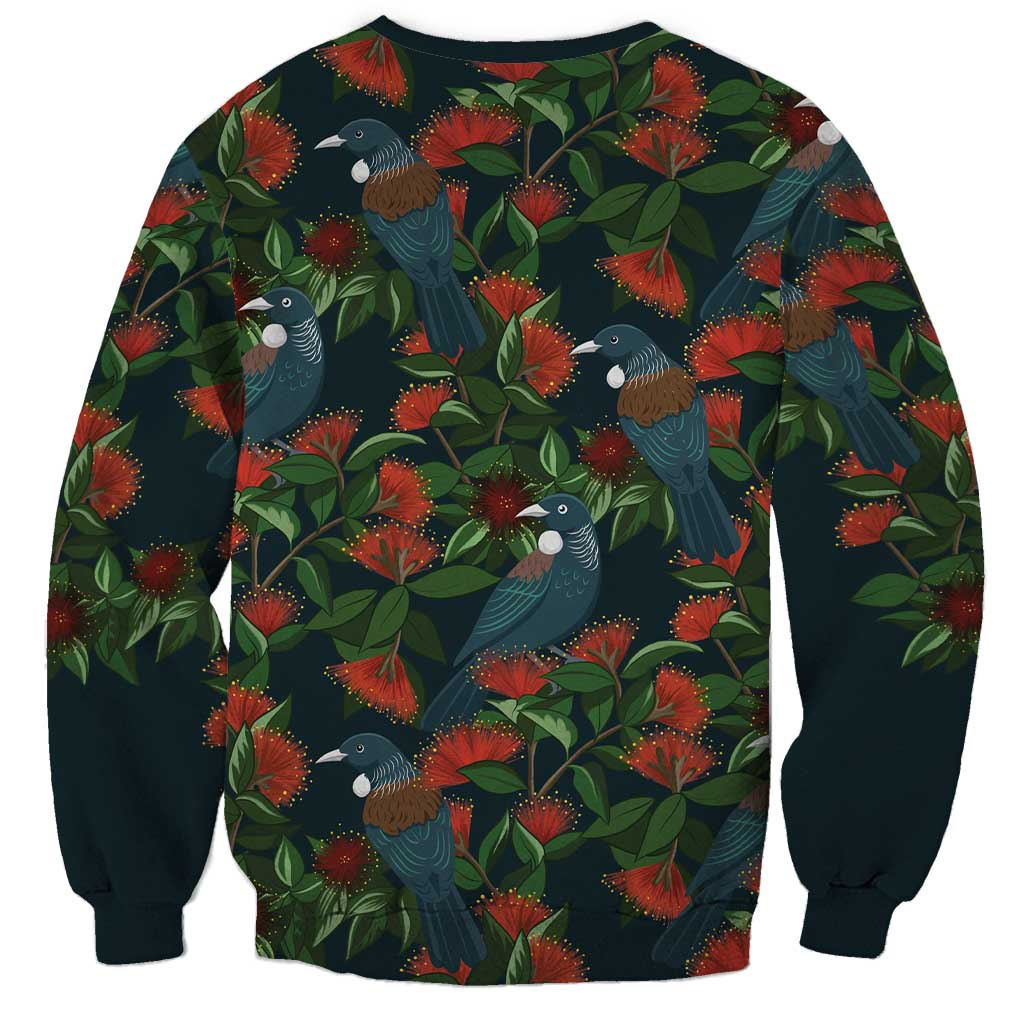 New Zealand Christmas Sweatshirt Romantic Tui Birds on Pohutukawa - Cobalt - Polynesian Pride