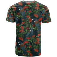New Zealand Christmas T Shirt Romantic Tui Birds on Pohutukawa - Cobalt - Polynesian Pride