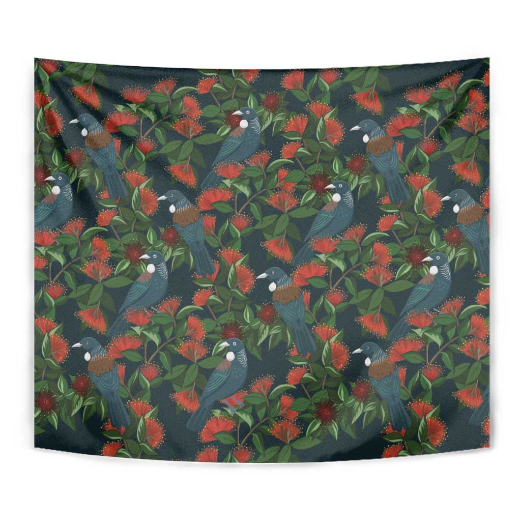 New Zealand Christmas Tapestry Romantic Tui Birds on Pohutukawa - Cobalt - Polynesian Pride