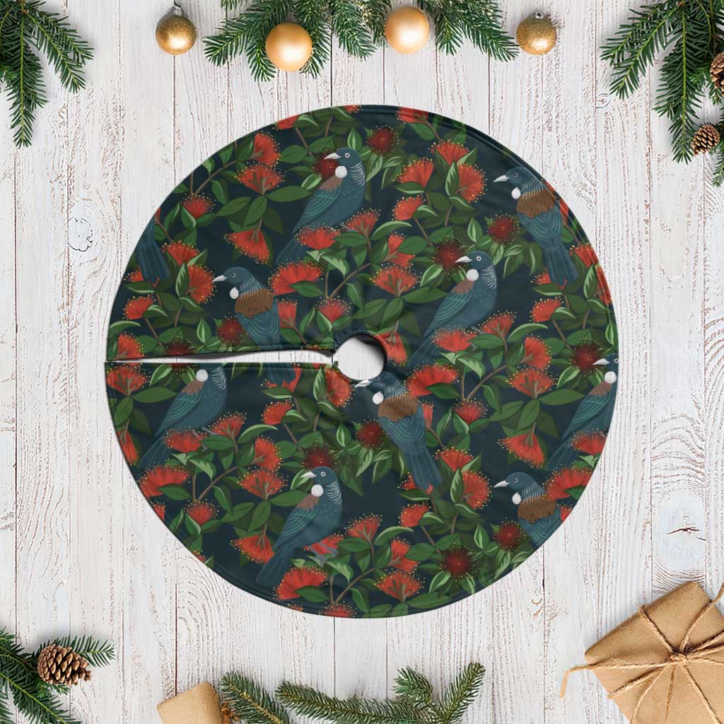 New Zealand Christmas Tree Skirt Romantic Tui Birds on Pohutukawa - Cobalt - Polynesian Pride