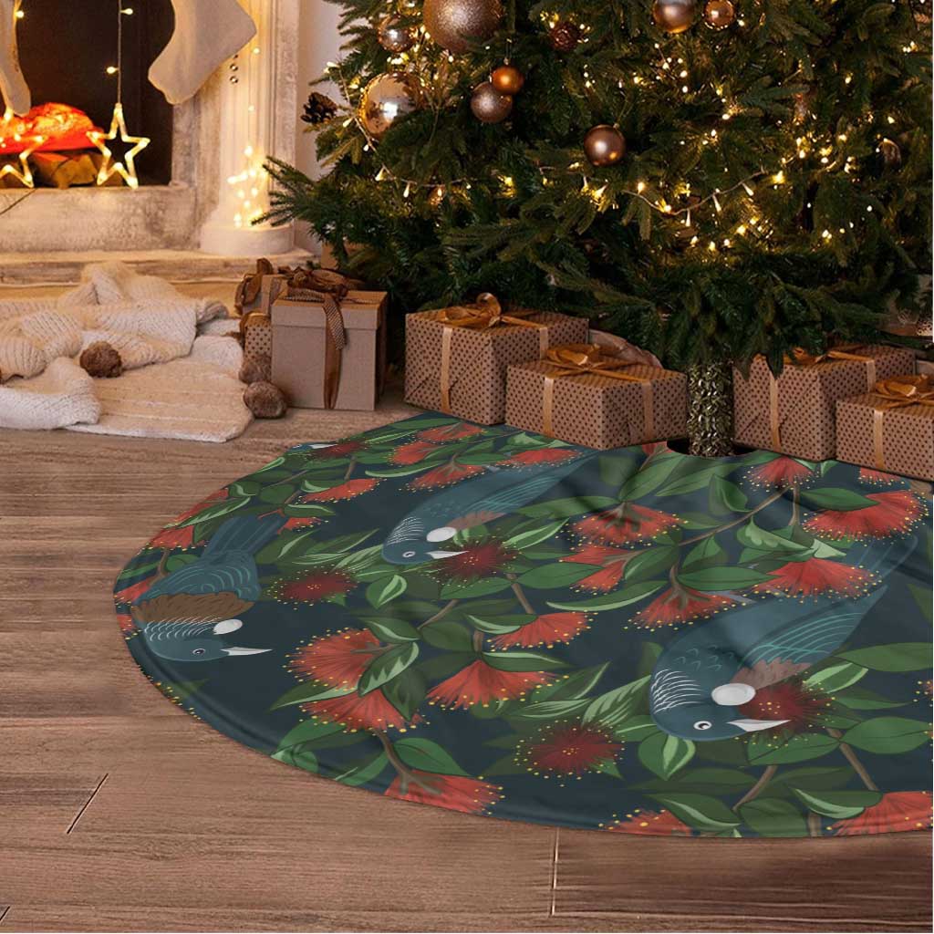 New Zealand Christmas Tree Skirt Romantic Tui Birds on Pohutukawa - Cobalt - Polynesian Pride