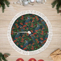 New Zealand Christmas Tree Skirt Romantic Tui Birds on Pohutukawa - Cobalt - Polynesian Pride