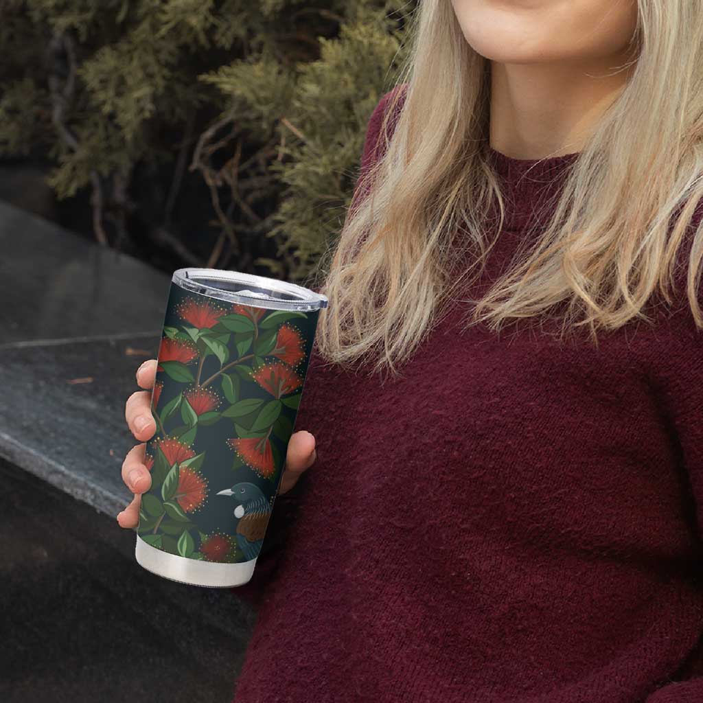 New Zealand Christmas Tumbler Cup Romantic Tui Birds on Pohutukawa - Cobalt - Polynesian Pride