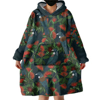 New Zealand Christmas Wearable Blanket Hoodie Romantic Tui Birds on Pohutukawa - Cobalt - Polynesian Pride