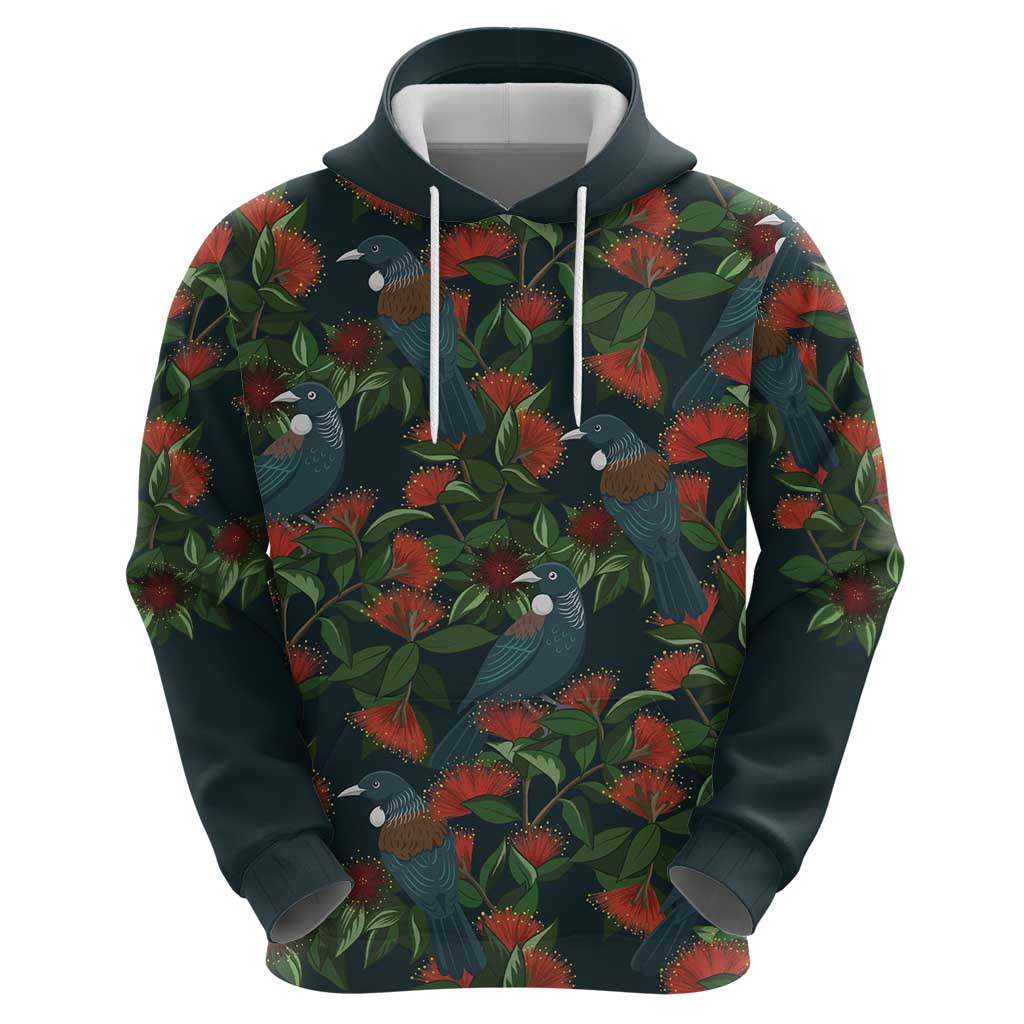 New Zealand Christmas Zip Hoodie Romantic Tui Birds on Pohutukawa - Cobalt - Polynesian Pride