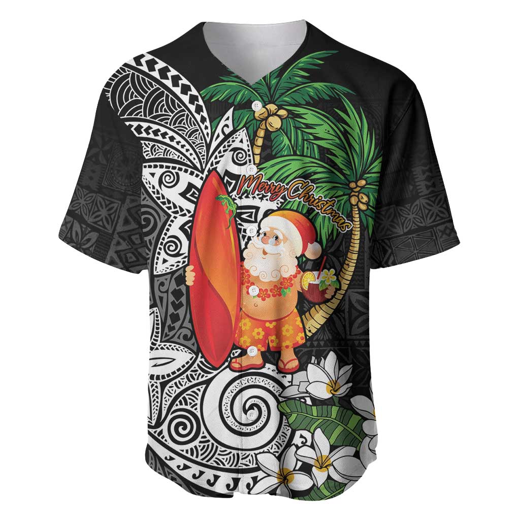 Polynesian Baseball Jersey Tropical Santa - Plumeria Black Vintage