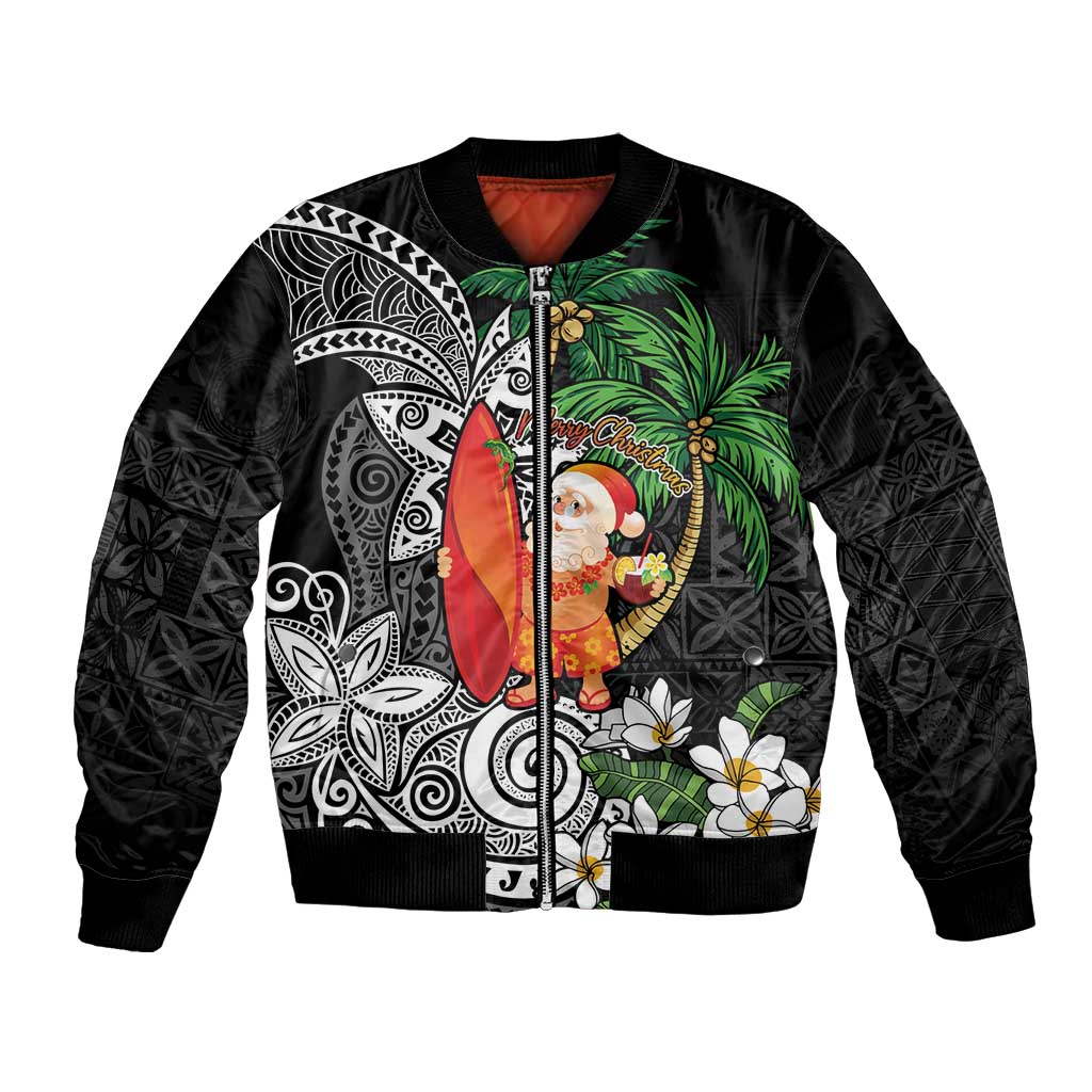 Polynesian Bomber Jacket Tropical Santa - Plumeria Black Vintage