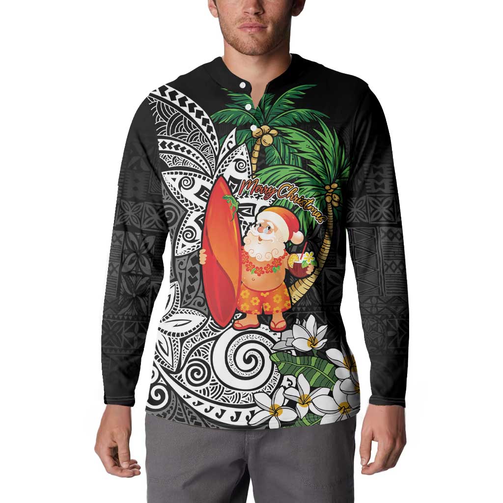 Polynesian Button Sweatshirt Tropical Santa - Plumeria Black Vintage LT7 - Polynesian Pride