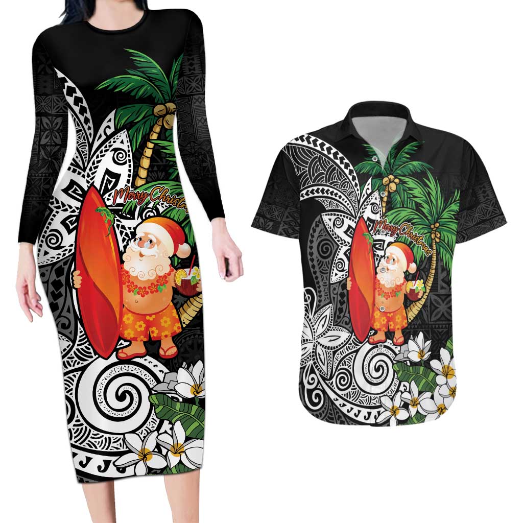 Polynesian Couples Matching Long Sleeve Bodycon Dress and Hawaiian Shirt Tropical Santa - Plumeria Black Vintage