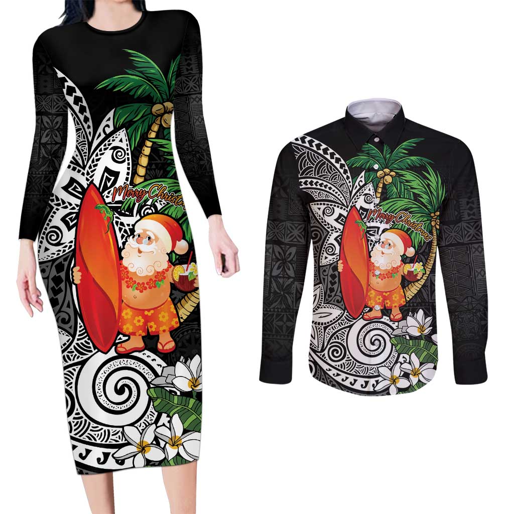 Polynesian Couples Matching Long Sleeve Bodycon Dress and Long Sleeve Button Shirt Tropical Santa - Plumeria Black Vintage LT7 Black - Polynesian Pride