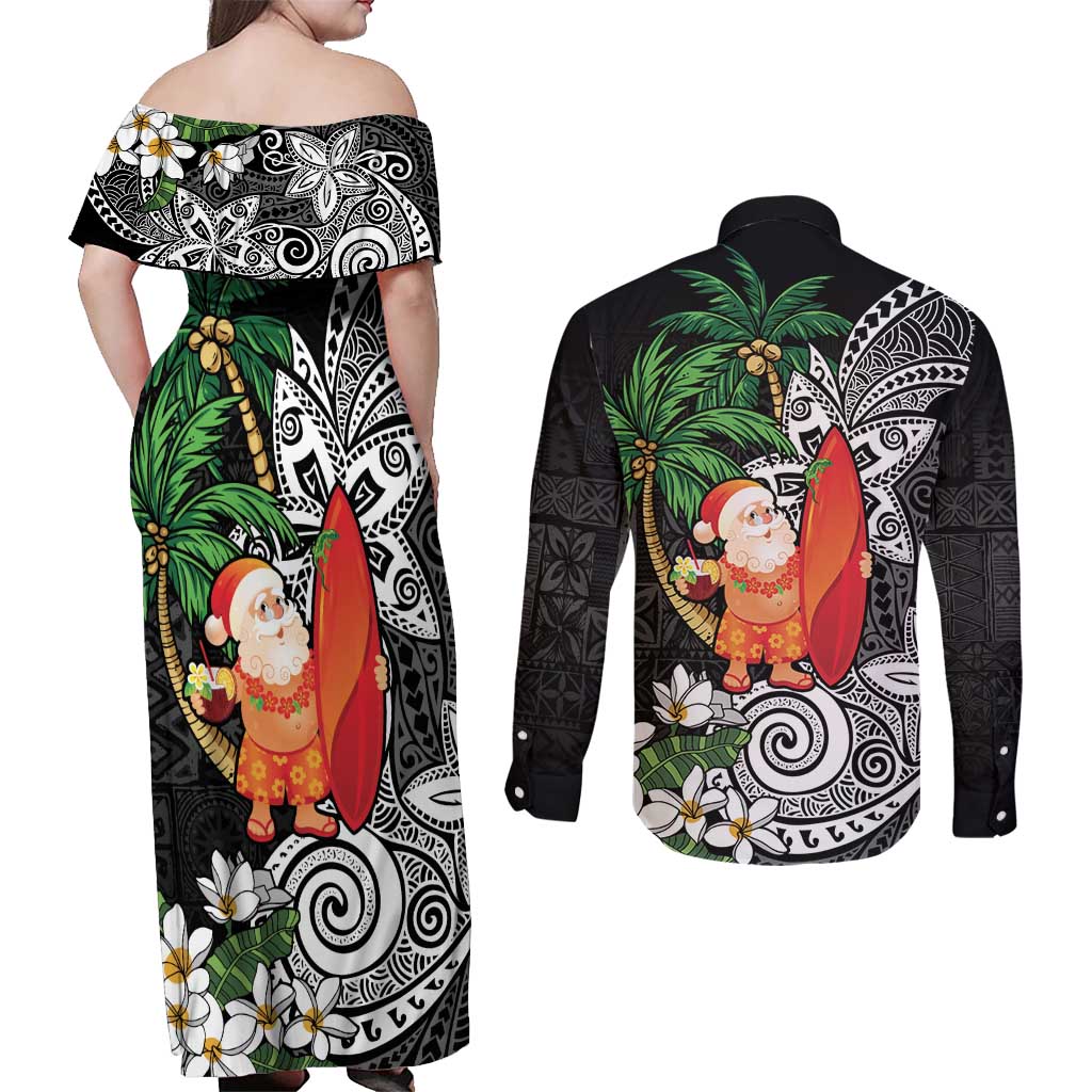 Polynesian Couples Matching Off Shoulder Maxi Dress and Long Sleeve Button Shirt Tropical Santa - Plumeria Black Vintage LT7 - Polynesian Pride