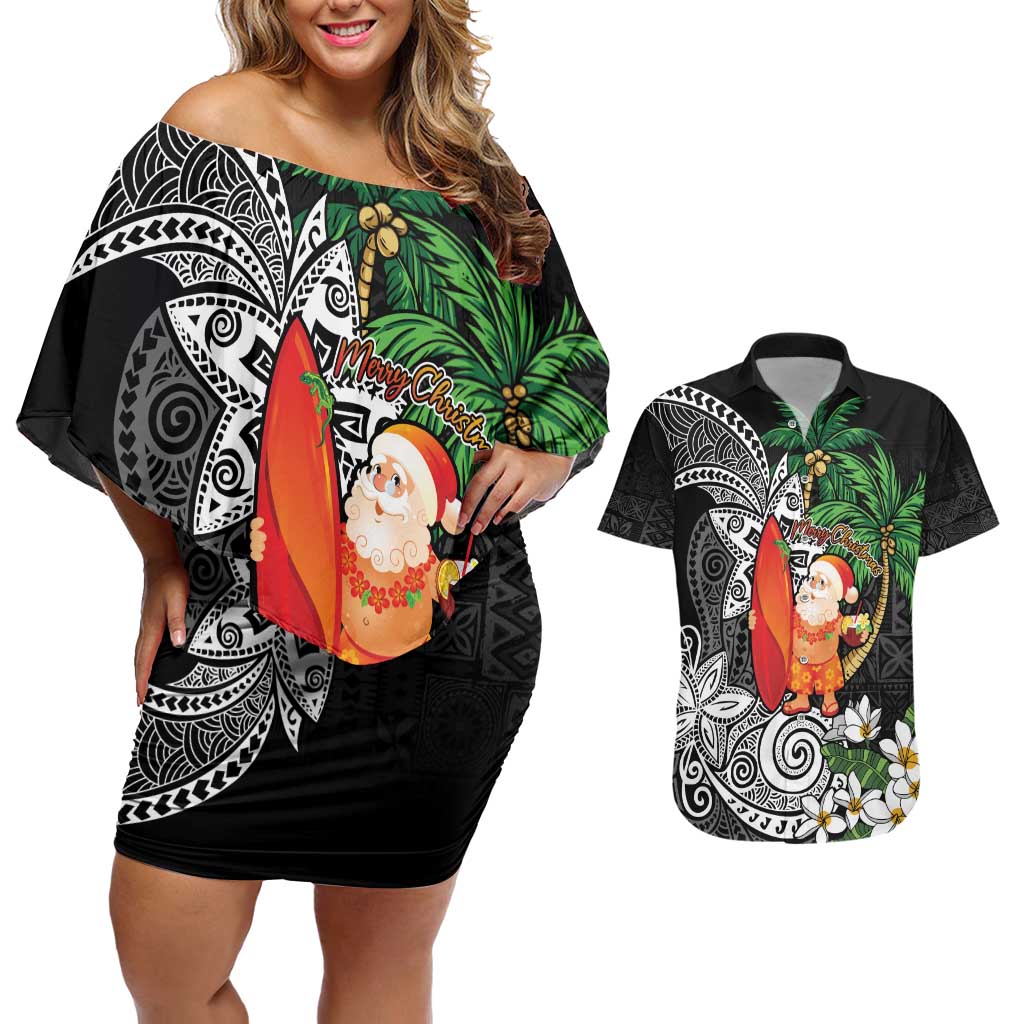 Polynesian Couples Matching Off Shoulder Short Dress and Hawaiian Shirt Tropical Santa - Plumeria Black Vintage LT7 Black - Polynesian Pride