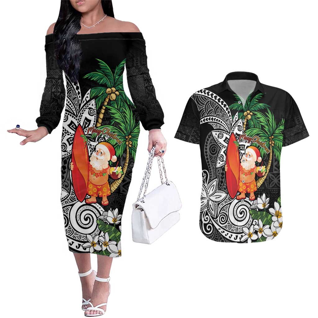 Polynesian Couples Matching Off The Shoulder Long Sleeve Dress and Hawaiian Shirt Tropical Santa - Plumeria Black Vintage