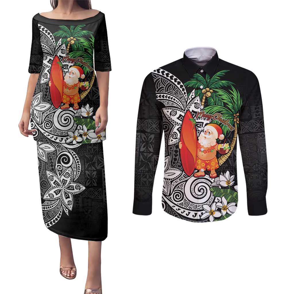 Polynesian Couples Matching Puletasi and Long Sleeve Button Shirt Tropical Santa - Plumeria Black Vintage LT7 Black - Polynesian Pride