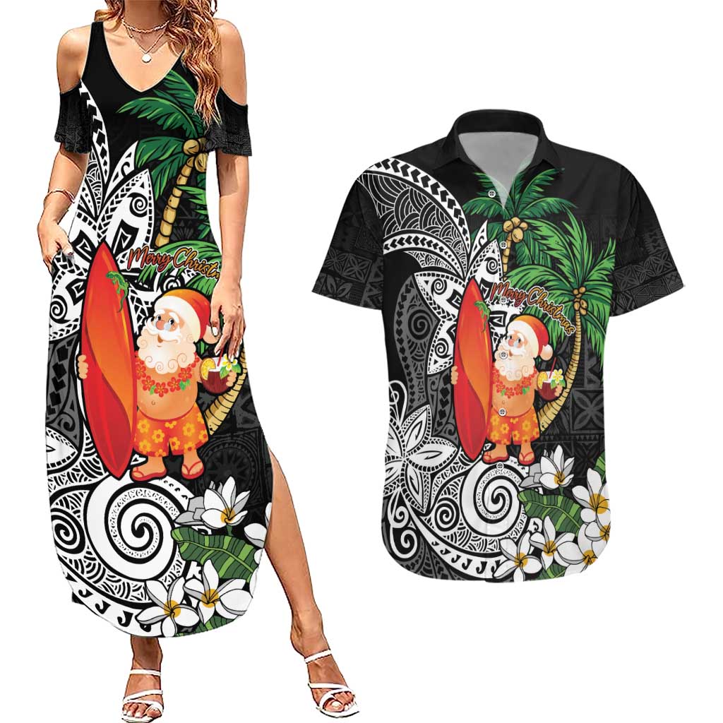 Polynesian Couples Matching Summer Maxi Dress and Hawaiian Shirt Tropical Santa - Plumeria Black Vintage LT7 Black - Polynesian Pride