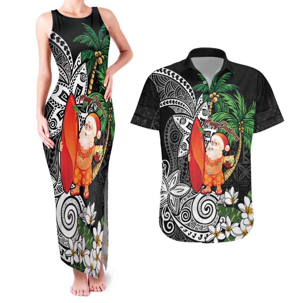 Polynesian Couples Matching Tank Maxi Dress and Hawaiian Shirt Tropical Santa - Plumeria Black Vintage LT7 Black - Polynesian Pride